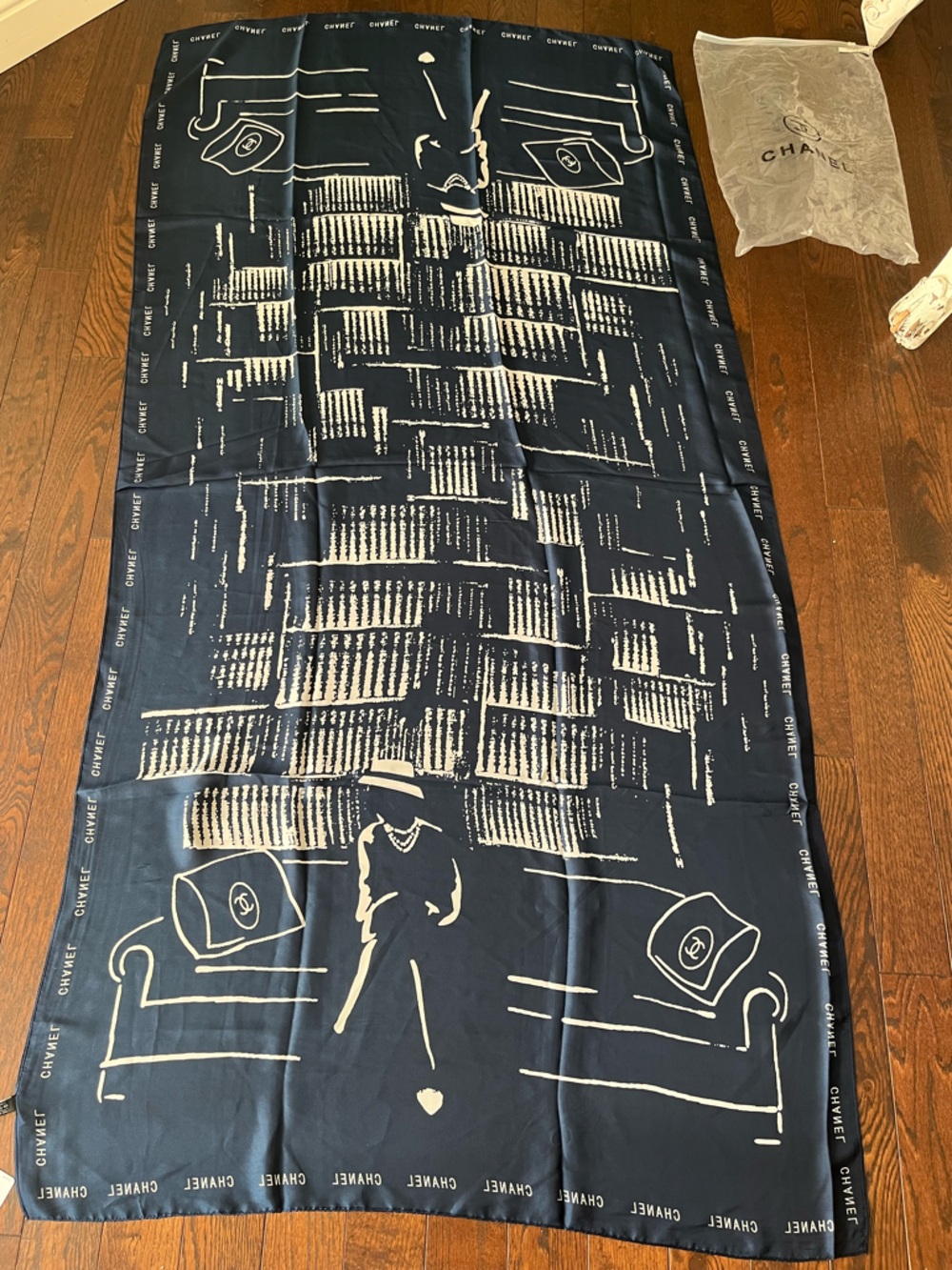 Navy Scarf with Cream Graphic Motif